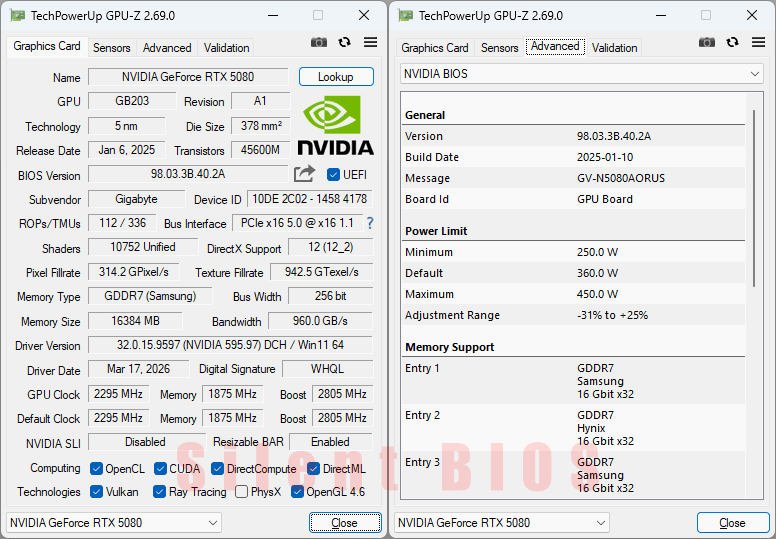 Gigabyte AORUS RTX 5080 MASTER 16G GPUZ; Silent BIOS