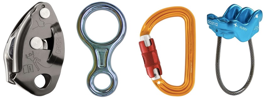 Balról: félautomata biztosítóeszköz, nyolcas, HMS karabiner, biztosítócsésze Biztosítóeszközök