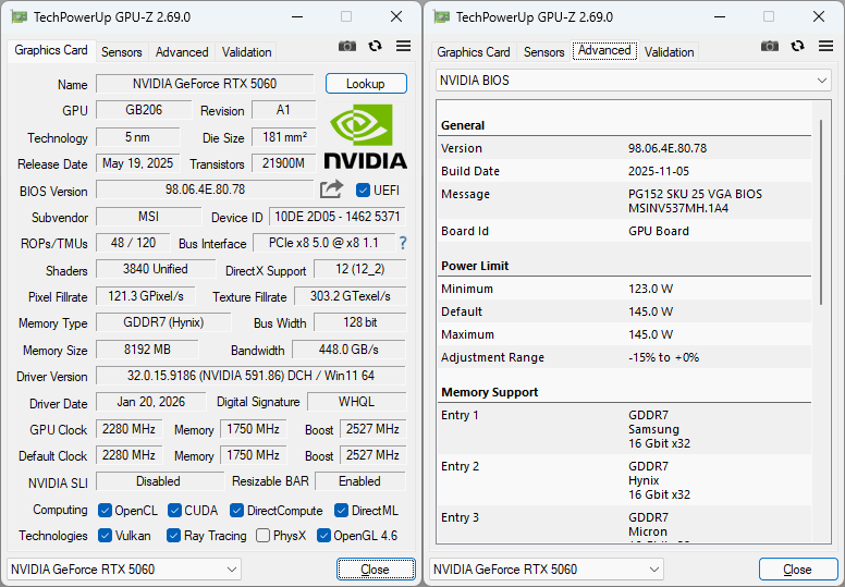MSI RTX 5060 8G VENTUS 2X OC GPU-Z