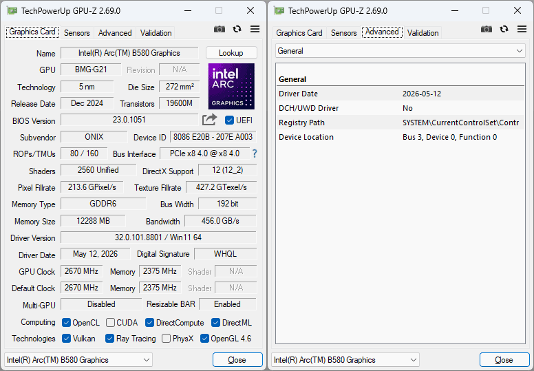 ONIX Odyssey ARC B580 12G GPU-Z ONIX Odyssey ARC B580 12G GPUZ