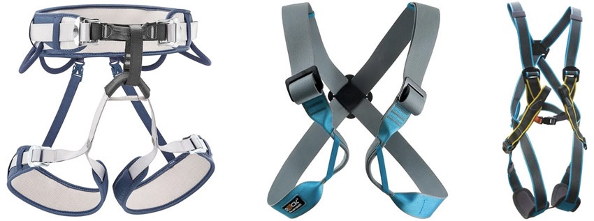 Balról: beülő, mellheveder, teljes testheveder Beülők