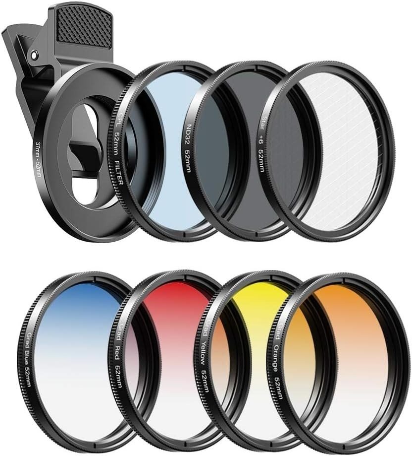 Apexel 52mm Filter Kit--Grad Red/Blue/Yellow/Orange/ND32/Star Filter/CPL mobiltelefon objektív