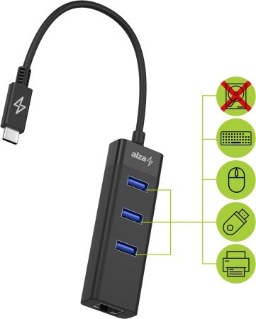 USB Hub AlzaPower Core USB-C (M) - 3× USB-A (F) LAN-nal
