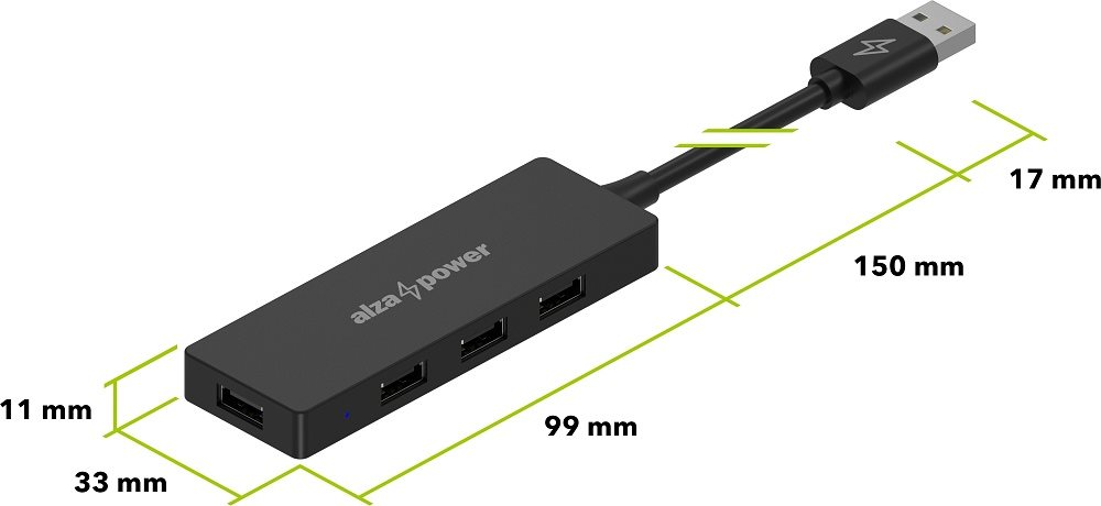 AlzaPower FlatCore USB-A (M) - 4× USB-A 2.0 (F) fekete