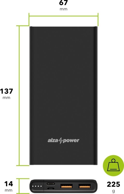 AlzaPower Metal 10 000 mAh Fast Charge + PD3.0 powerbank, fekete