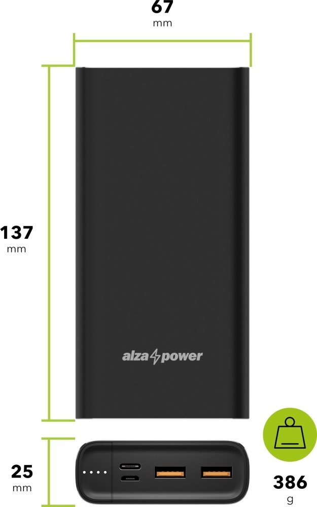 AlzaPower Metal 20000mAh Fast Charge + PD3.0 powerbank, fekete