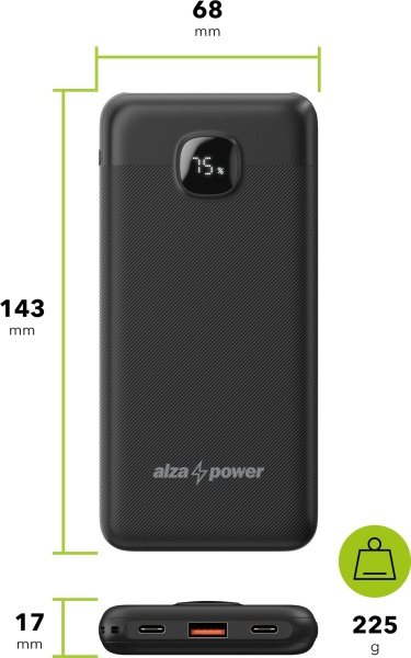 AlzaPower Garnet 10000mAh Power Delivery (22,5W), powerbank fekete