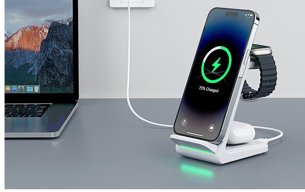 Choetech 15W 3-in-1 Wireless Charger stand for Iwatch and Samsung watch (white) töltőállvány