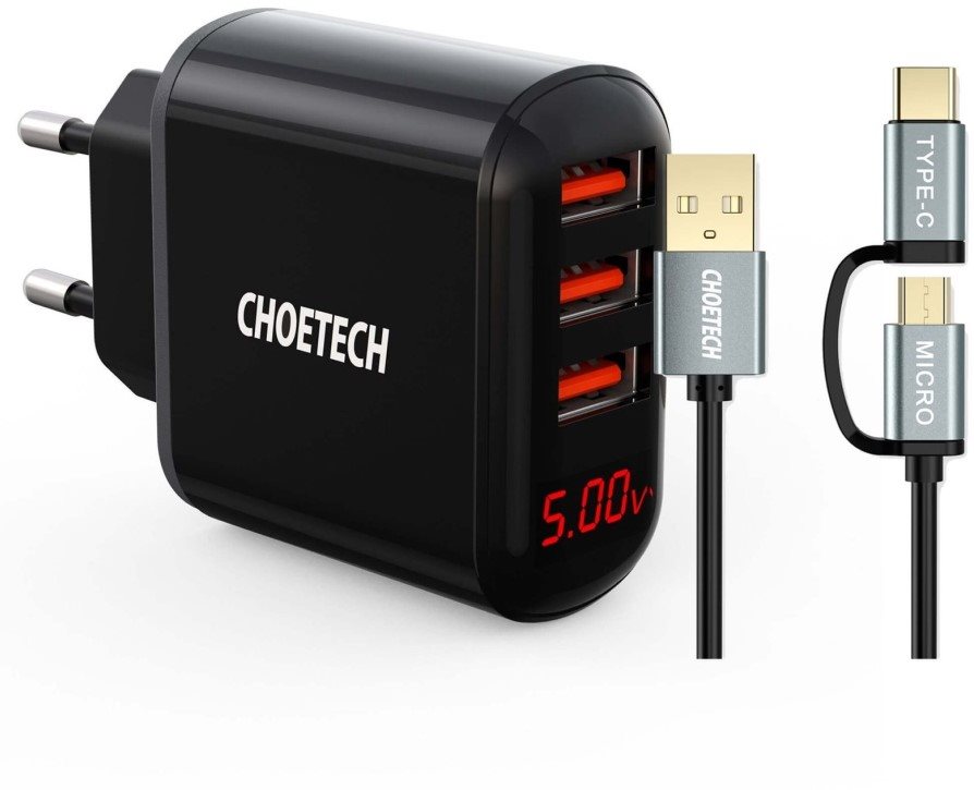 Set ChoeTech 5V/3.4A 3x USB-A Digital Display Wall Charger + 2 in 1 USB to Micro USB/(USB-C) 1.2m