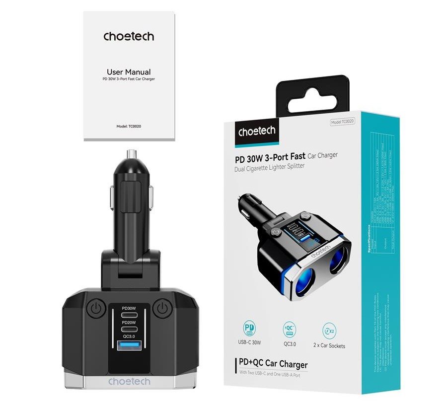 ChoeTech 2 Sockets 2C+1A PD30W Cigarette Lighter Splitter autós töltő