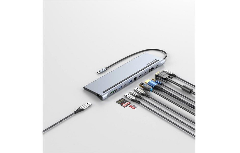 Vention USB-C to HDMI / VGA / USB-C Gen 1 / 2* USB 3.0 / USB / RJ45 / SD / TF / TRRS 3.5mm Jack / PD dokkoló állomás Vention USB-C to HDMI / VGA / USB-C Gen 1 / 2* USB 3.0 / USB / RJ45 / SD / TF / TRRS 3.5mm Jack / PD dokkoló állomás