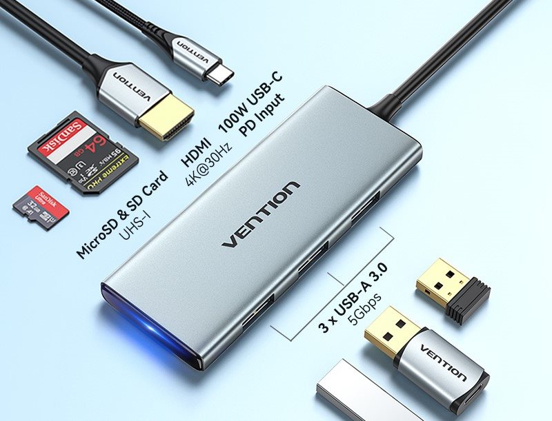 Vention USB-C to HDMI/USB 3.0x3/SD/TF/PD Docking Station 0.15M Gray Aluminum Alloy Type dokkolóállomás