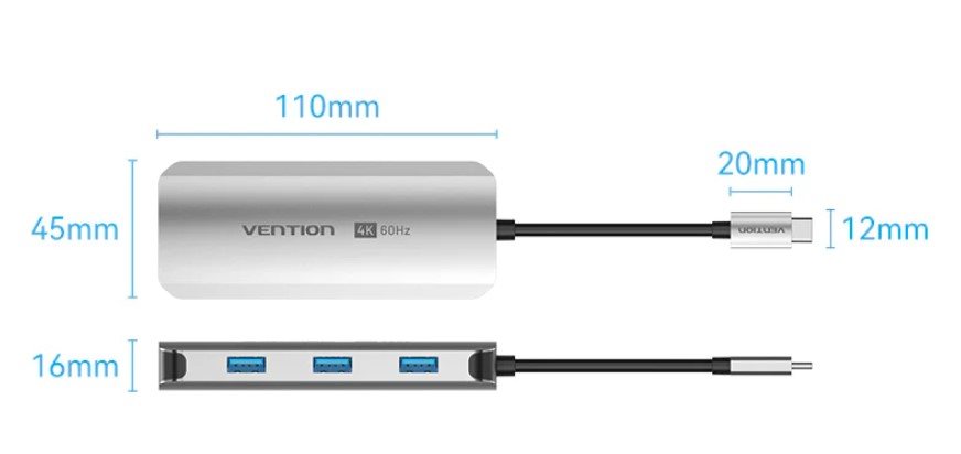 Vention USB-C to HDMI/USB 3.0 x3/PD Docking Station 0.15M Gray Aluminum Alloy Type dokkolóállomás