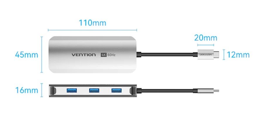 Vention USB-C to HDMI/USB 3.0 x3/RJ45/PD Docking Station 0.15M Gray Aluminum Alloy Type dokkolóállomás