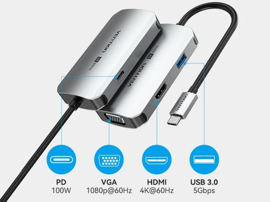 Vention USB-C to HDMI/VGA/USB 3.0/PD Docking Station 0.15M Gray Aluminum Alloy Type