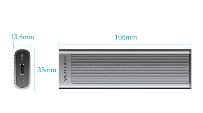 Vention M.2 NVMe SSD Enclosure (USB 3.1 Gen 2-C) with Heat Sink Gray Aluminum Alloy Type SSD ház