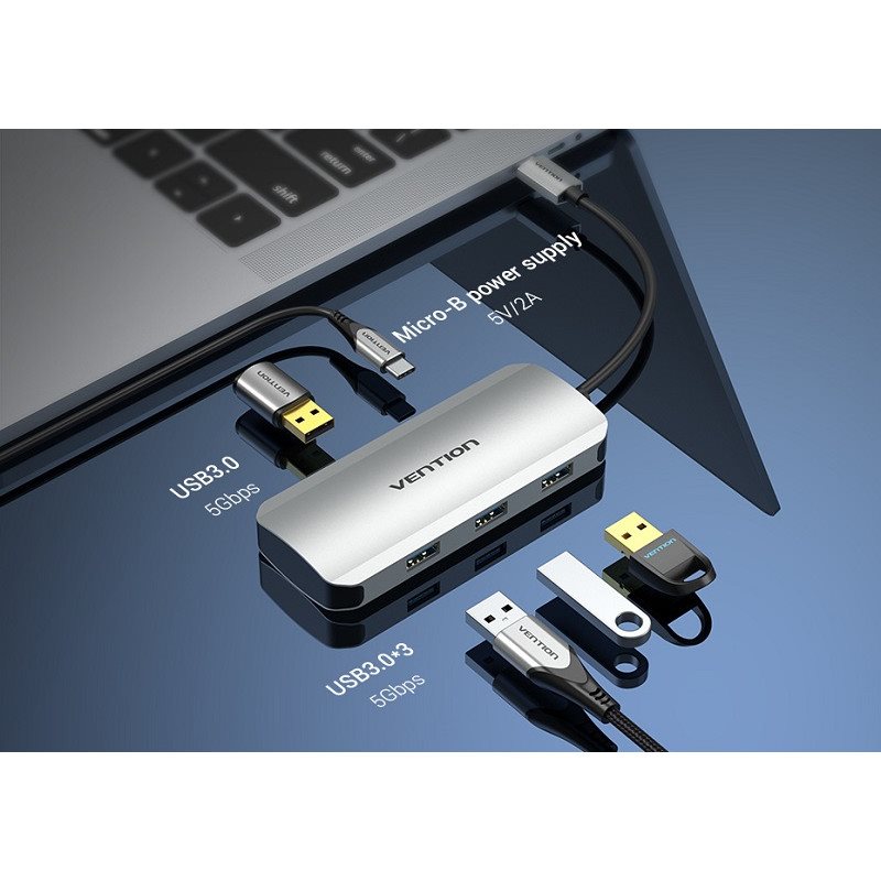 USB Hub Vention USB-C USB 3.0 x 4 / Micro USB-B Hub 0.15M szürke alumínium szürke USB Hub Vention USB-C USB 3.0 x 4 / Micro USB-B Hub 0.15M szürke alumínium szürke