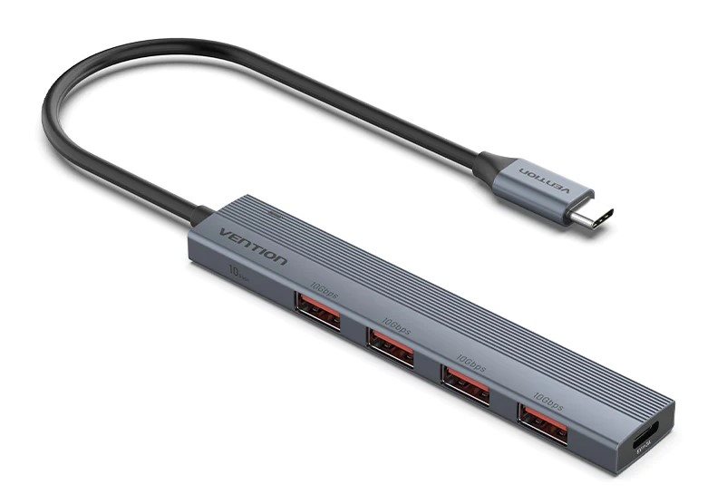 Vention USB-C to USB 3.2 Gen 2 Type-A x 4 Mini Hub with USB-C Power Supply Port 0.15M Gray Aluminum USB Hub