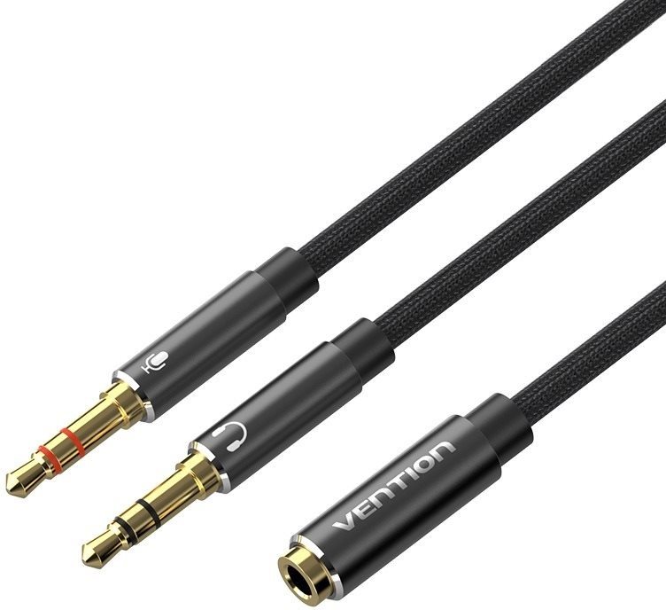 Vention Cotton Braided Dual 3.5mm TRS Male to 3.5mm Female Audio Cable 0.3M Black Aluminum Alloy Hea audiokábel