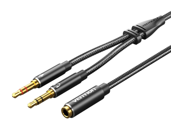 Vention Cotton Braided Dual 3.5mm TRS Male to 3.5mm Female Audio Cable 0.3M Black Aluminum Alloy Hea audiokábel