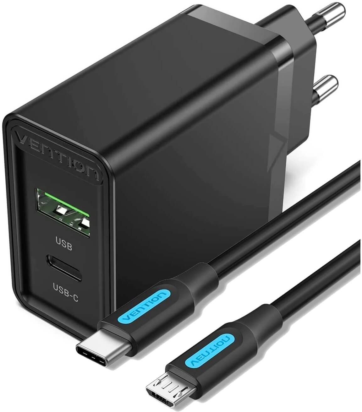 Set Vention 2-Port USB (A+C) (18W + 20W PD) Black + USB-C 2.0 to Micro USB 2A 1M Black