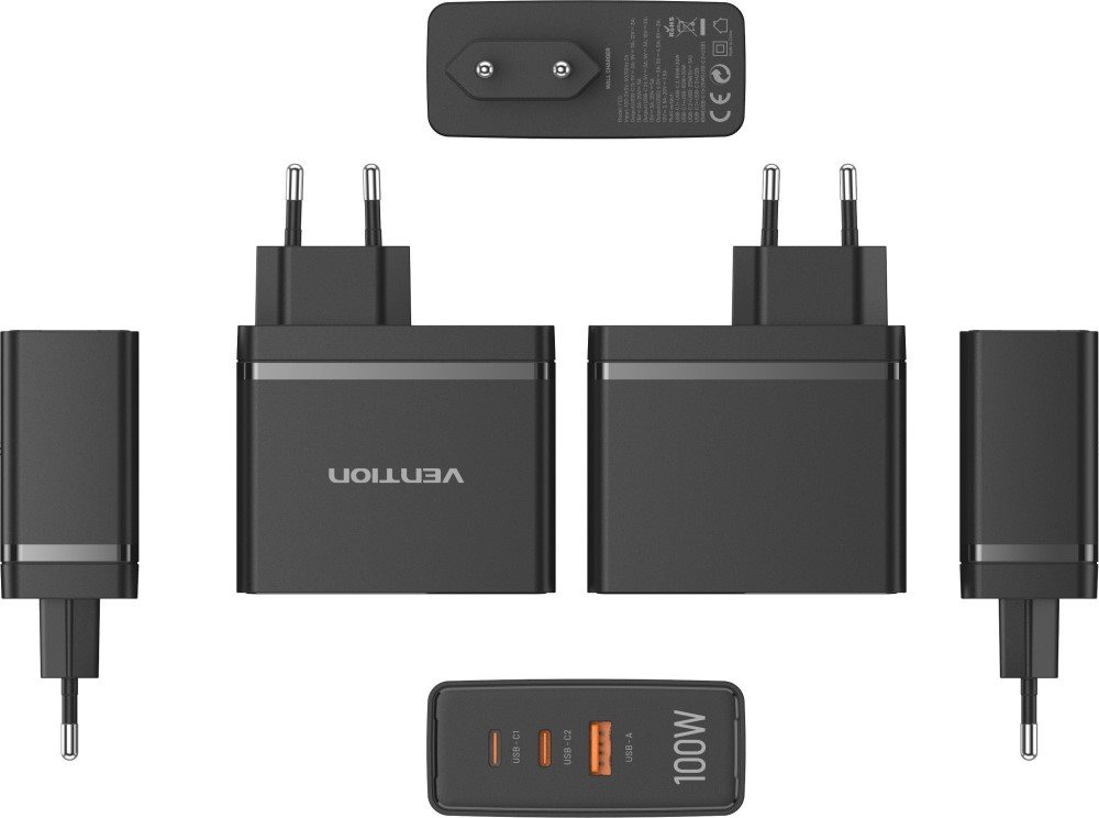 Vention Ultra 3-Port USB (C+C+A) GaN Charger (100W/100W/30W) Black