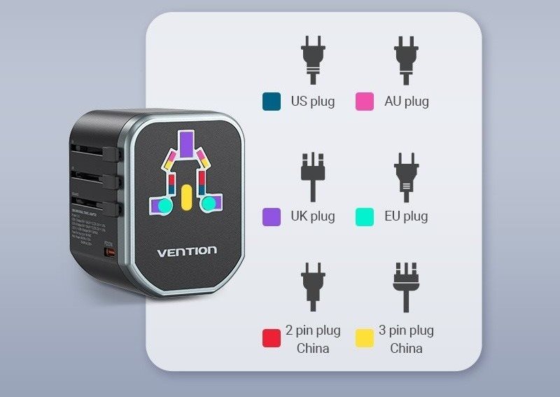 Vention 3-Port USB (C + A + A) Universal Travel Adapter (20W/18W/18W) Black hálózati töltő