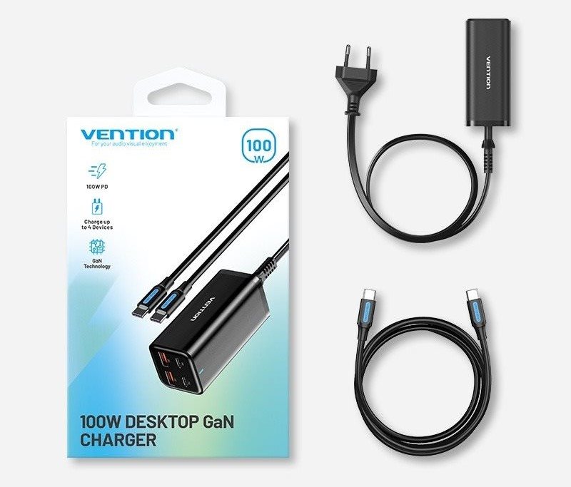 Vention 4-Port USB (C + C + A + A) GaN Charger (100W/100W/18W/18W) EU-Plug Black hálózati töltő