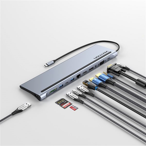 Vention USB-C to DP / HDMI / VGA / USB-C Gen 1 / 2x USB 3.0 / USB 2.0 / RJ45 / SD / TF / 3.5mm / PD portreplikátor Vention portreplikátor USB-C to DP / HDMI / VGA / USB-C Gen 1 / 2x USB 3.0 / USB 2.0 / RJ45 / SD / TF / 3.5mm / PD