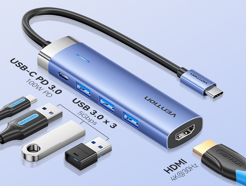 Vention USB-C to HDMI/USB 3.0 x 3/PD Docking Station 0.15M Blue Aluminum Alloy Type port replikátor