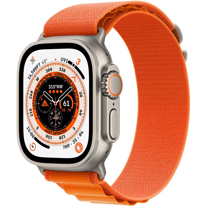 Apple Watch Ultra 49 mm, titán tok narancssárga alpesi pánttal - Large - Okosóra