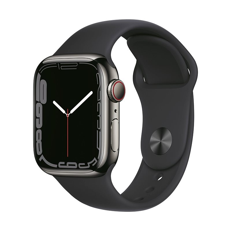 Apple Watch Series 7 45 mm Cellular Grafitszínű rozsdamentes acél éjfekete sportszíjjal - Okosóra