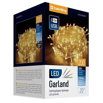ColorWay CW-G-200L20U, LED füzér, 200x LED, meleg fehér, hossza 20 m, USB