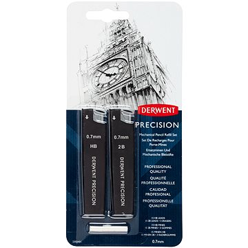 DERWENT Precision Mechanical Pencil Refill szett - 0,7 mm HB és 2B, 30 ceruzabél + 3 radírgumi