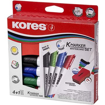KORES K-MARKER tábla- és flipchart marker készlet, 4 szín + mágneses szivacs