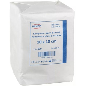 Panep géz kompressziós betét, 8 réteg, nem steril, 100 darab, 10×10 cm