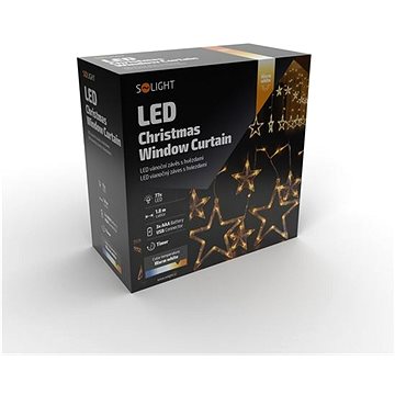 Solight LED karácsonyi függöny, csillagok, 1,8 m, 77 LED, IP20, 3× AA, USB