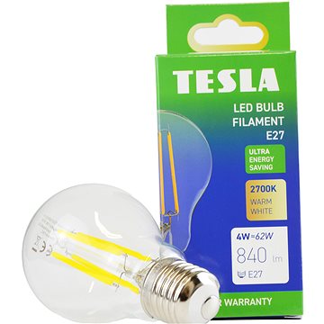 Tesla Filament A class, E27, 4W, 840lm, 2700K meleg fehér, 360°, átlátszó, 230V, 25000 óra