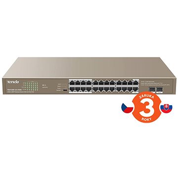 Tenda TEG1126P-24-410W 24x PoE AF/AT Gigabit Switch + 2x SFP, PoE összesen 370W, VLAN, védelem