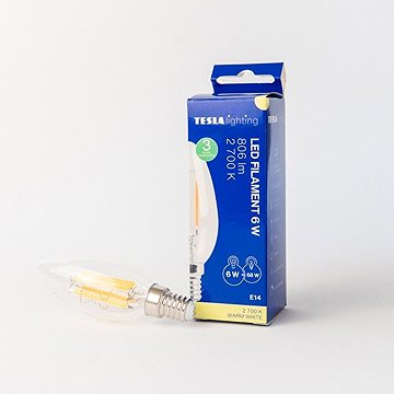 Tesla FILAMENT RETRO E14, 6 W, 230 V, 806 lm, 25 000 h, 2700K meleg fehér, 360°, víztiszta