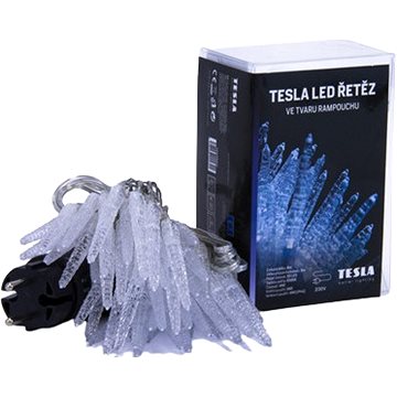 Tesla - karácsonyi fényfüzér Jégcsap, 7 cm, 50LED, 6500K, 5 m + 3 m-es kábel, 230 V, időzítő, IP44
