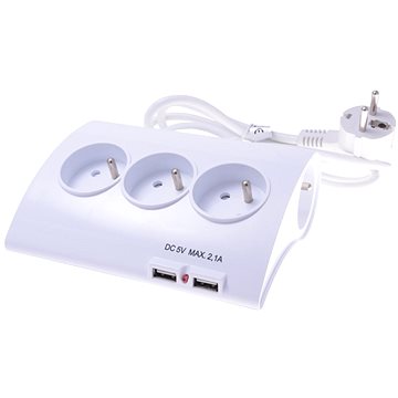 PremiumCord hosszabbító kábel, 230 V, 5 csatlakozóaljzat + kapcsoló + 2x USB 2A, 1,5 m