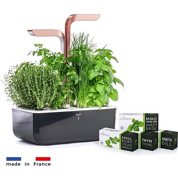 Véritable Smart automata virágcserép fényszabályozással, fekete-réz + 4 fűszernövény utántöltő