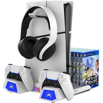 iPega P5S023 PS5/PS5 Slim/PS5 Pro többfunkciós RGB töltőállvány hűtéssel, fehér