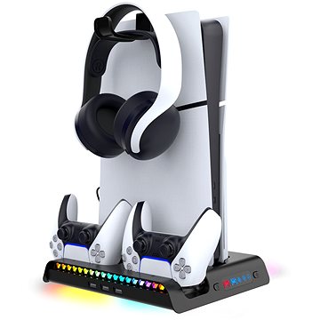 iPega P5S006 Multifunkciós PS5 Slim RGB töltőállvány hűtéssel, fekete