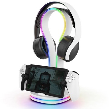 iPega P5P23 Playstation Portal Remote Player töltőállvány, RGB, fejhallgató tartóval, fehér