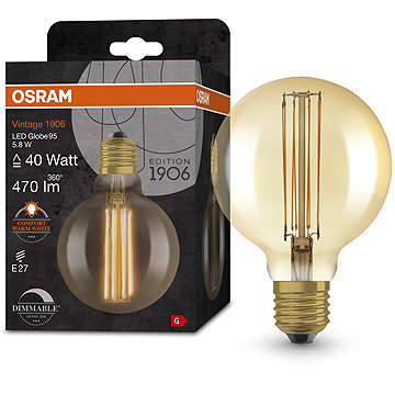 OSRAM LED izzó, aranyszínű, VINTAGE, E27, 5,8 W, GLOBE, meleg fehér