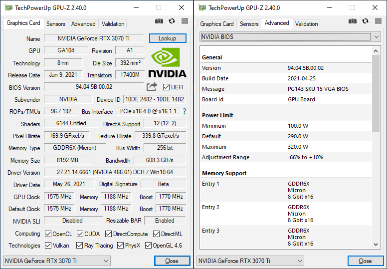 NVIDIA RTX 3070 Ti Founders Edition GPUZ