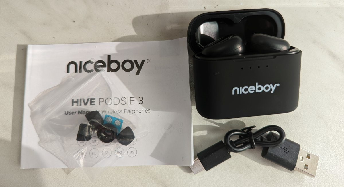 Niceboy Hive Podsie 3 fülhallgató, teszt, csomag tartalma