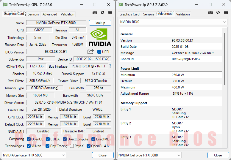 PALiT RTX 5080 GameRock OC 16G GPUZ; Performance BIOS